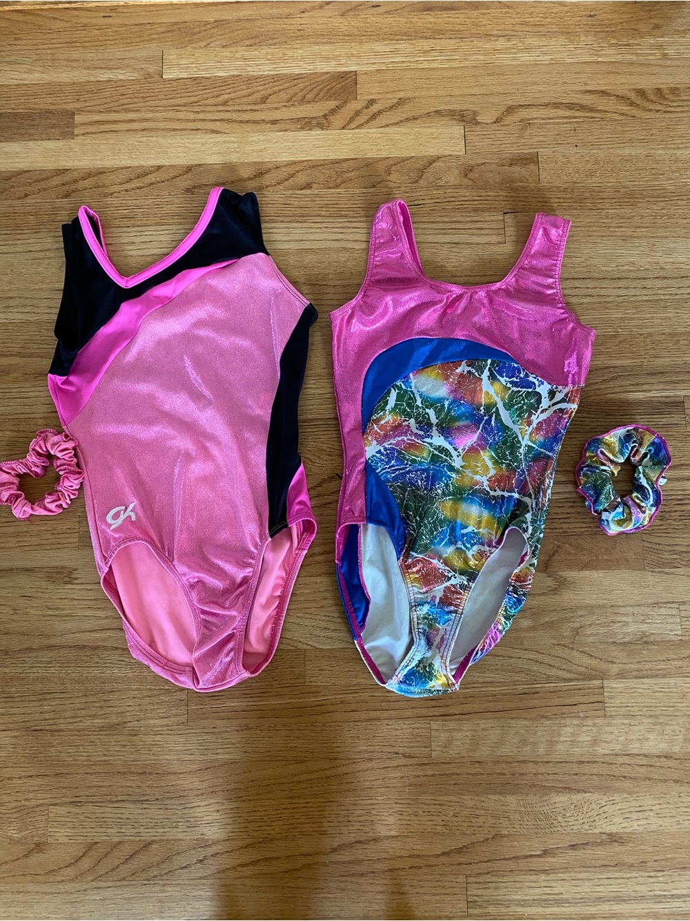 GK Pink AS and Mondor 12-14 Gymnastics Leotard Set with Scrunchies